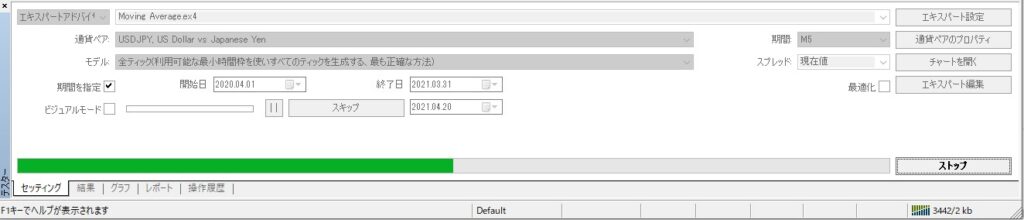バックテストの進捗は、緑のバーの進み具合でわかります